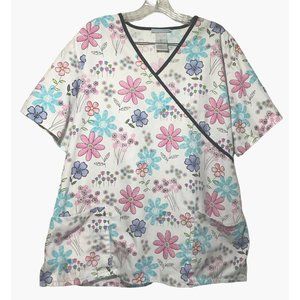 SB Brand Multicolor Pastel Floral Print Womens Scrub Top Size XL White Pink Blue